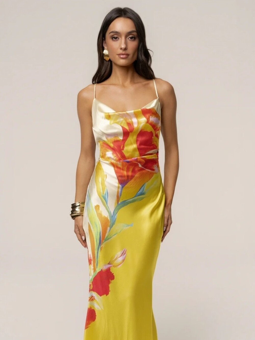 NWT Jluxlabel Yellow Satin Floral Print Maxi Dress (L)